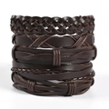 Detail of stacked multi-layer brown leather and rope braided bracelets on white backdrop - T6 Style (Full Brown Braided)