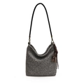 Grey wool hobo bag with knit texture, black leather strap and brown woven charm - Gray