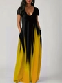 Maxi dress with black and yellow gradient print, V-neck, sleeveless and side pockets - Black and Yellow Gradient