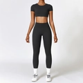 Ensemble de yoga noir pour femme avec crop top manches courtes et leggings taille haute - XL / Haut Et Bas / Noir Premium