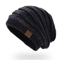 Classic black slouchy beanie for men and women with a brown leather sport patch detail - Mixed Black Grey