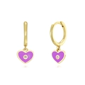 Elegant gold hoop earrings with purple heart charms and tiny white zircon centers - Heart Pendant / Purple/Gold