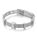Silver stainless steel mesh bracelet featuring a bow charm and sparkling crystal accents - Bow Knot & Rhinestone Bar (KB116561-KHY)