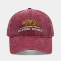 Detailed close-up of California Republic bear embroidery on washed cotton baseball cap - Adjustable / Burgundy