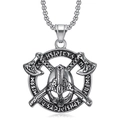Viking warrior helmet necklace with crossed axes and runic circle pendant in silver steel - Mask Double Axe Style