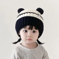 Cute black and white baby knitted hat with bear ears and embroidered facial details - Mefun Cartoon Embroidery - Black