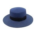 Close-up of deep blue boater hat with woven texture and black grosgrain ribbon bow - M (56-58cm) / Navy Blue