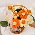 Handmade knitted orange sunflower basket with white lace bow and pearl chain handle - 9 Yellow Puff Flowers Basket