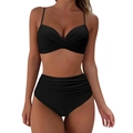 Classic black high-waisted bikini set featuring a twist-front top and ruched swim bottoms - S / Black
