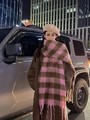 Pink and brown gradient plaid scarf with fringes in a stylish urban street style look - Pink Plaid