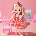 BJD doll with long pink hair wearing red plaid dress with white lace trim details - Red Rabbit Plaid Girl