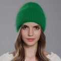 Winter emerald green knit beanie hat in soft angora rabbit fur with folded cuff - Green