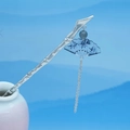 Detailed view of silver bamboo hairpin with blue ink fan pendant and chain tassels - Ink Wash Fan