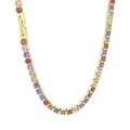 Colorful gemstone tennis necklace with gold plated chain and folding clasp - Gold Base Multicolor Mix Zircon (KN234333-KFC)