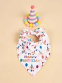 Close-up of sequin birthday hat and Happy Birthday printed pet bandana set - Set 1 (Rainbow Sequin Hat + White Scarf)