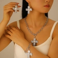 Silver texture snail cross jewelry set with pearls including necklace and earrings - Silver Earrings+Necklace+Bracelet (Pearl Cross)