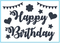 Dark gray Happy Birthday cursive balloon sticker with party flags and star decorative motifs - Birthday 06 / Black
