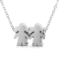 Polished stainless steel necklace featuring a silver-tone twin girls pendant for friendship - Silver Two Girls Holding Hands (KN197042-K)