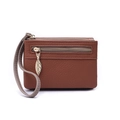 Brown lychee texture leather coin purse with leaf-shaped zipper pull and wrist strap - Brown