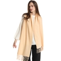 Close-up of soft beige cashmere-like scarf featuring delicate tassel fringe details - Beige