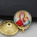 Close-up of golden metal incense burner lid with glass dome and religious icon - Gold-18 (Censer Cover Set)