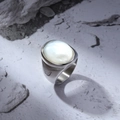 Chic silver stainless steel ring featuring a large white oval shell inlay on a thick band - US 8 / Silver Shell