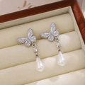 Elegant white enamel butterfly earrings with hanging drop pearl and rhinestones - E3070-4-White Enamel Butterfly Pearl Drop