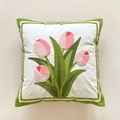 Modern French countryside white cushion cover with pink tulip embroidery and green border - Framed Tulip (Cover Only)