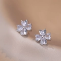 Silver flower stud earrings with four heart-shaped cubic zirconia on champagne silk - Four-Petal Flower Style (E0372) / Silver