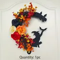 Halloween crescent moon wreath with black roses, witch silhouette and bat decor - Four-Color Fabric Cat Moon