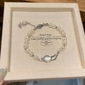 French vintage pearl bracelet with zircon star pendant and adjustable silver chain - Silver Streamline Iridescent Opal (15#)