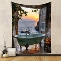Detail of bohemian tapestry featuring a Mediterranean bath scene with ocean sunset view - 73X95CM (Cross-border Brushed) / GT202443