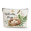 Detailed watercolor print of bird nest and eggs on linen toiletry travel bag - Welcome Peeps
