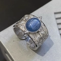 Silver S925 open ring with floral texture and an oval blue gemstone inlay - Blue Gem Floral Texture Style (J4366)