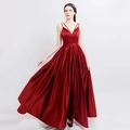 Elegant wine red satin evening gown with V-neck spaghetti straps and high leg slit - US size 12 (L) / Burgundy