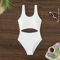White ribbed one-piece swimsuit with midriff cutout on a rustic wooden surface - S / White