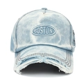 Detailed view of Boston embroidery and distressed ripped brim on washed denim baseball cap - Adjustable / Sky Blue