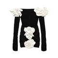 Costume da bagno intero nero a maniche lunghe con spalle scoperte e fiori 3D bianchi - S / Completo Nero a Maniche Lunghe