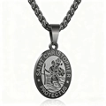 Religious Saint Christopher oval pendant necklace in gunmetal black stainless steel - Wheat Chain Necklace / Black