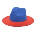 Detail of red and blue color-block woven fedora hat with wide brim for sun protection - M (56-58cm) / Red & Royal Blue