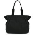 Dettaglio della borsa tote in nylon nero impermeabile con chiusura a coulisse e manici robusti - Nero
