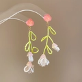 Handmade woven earrings featuring pink resin roses and white lily of the valley beads - 69# 925 Sterling Silver Earring Post-Pink Green-Rose Lily (HE24970)