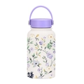 650ml white vacuum insulated water bottle with floral print and purple carrying handle - Watercolor Floral Purple Lid