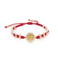 Ethno style red rope bracelet with pearls and micro-pave gold religious medal - Adjustable / Red