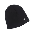 Close-up of black knitted beanie texture with a minimalist square logo patch detail - Black