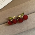 Exquisite cherry-shaped stud earrings with deep red beads and green zircon leaf details - 83# Silver Earring Post Gold Red 3D Cherry Stud