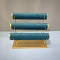Three-tier dark green velvet jewelry display stand for bracelets and watches with gold metal frame - 3-Tier Bracelet Display Stand (Peacock Blue)