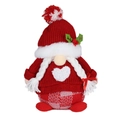 Gebreide kerstkabouter pluche met rood geruite broek, wit hart en hulstblad decoratie - Zittende Houding / Gezichtsloze kabouter meisje met vlechten