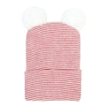 Dettaglio del cappello in maglia per neonati con strisce rosse e due pompon bianchi - Rosso Bianco