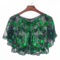 Short black mesh cape with green sequin swirls and vintage beaded embroidery finish - Black Green
